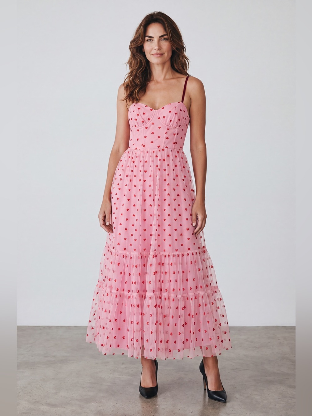 Betsey Johnson Pink Maxi Dress with Red Heart Print